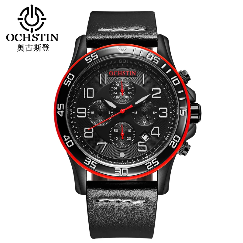 

OCHSTIN Men's Analog Quartz 24 Hour Date Watches Man Chronograph Waterproof Clock Men Sport Genuine Leather Wrist Watch 068B