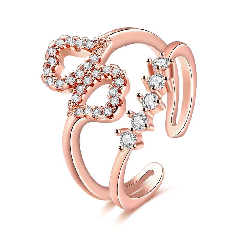 Выдалбливают Двойное сердце циркония Кристалл Вечерние кольца модные розовые цветные ювелирные изделия Аксессуары для женщин Свадебное Открытое кольцо