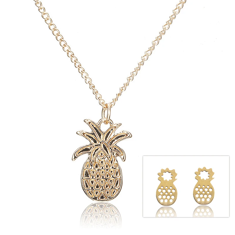 

Women's jewelry pineapple Necklace Set Gold color Plated Trim Pineapple Necklace Pendant Stud earring set