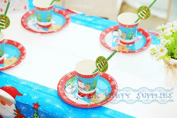 

40 Sets Christmas Xmas Party Tableware Paper Plates Cups Straws Table Cloth The Santa Claus Village Lovely Penguin Deer Design