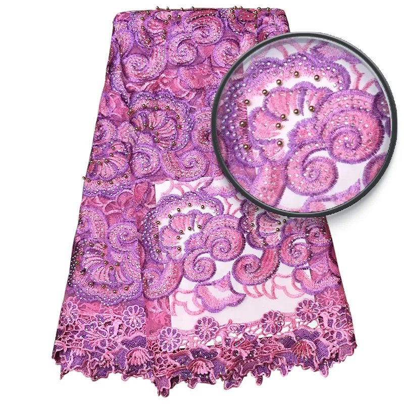 

Nigerian Lace Fabrics High Quality African Lace Fabric With stones And Beaded Embroidery Guipure Lace Fabric For dress XZ1025B-1