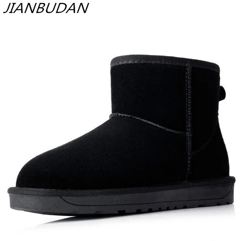 

JIANBUDAN 2020 new style Women Snow Boots Cowhide leather Winter Ankle Boots Warm shoes Flat female plush fur boots size 35-40