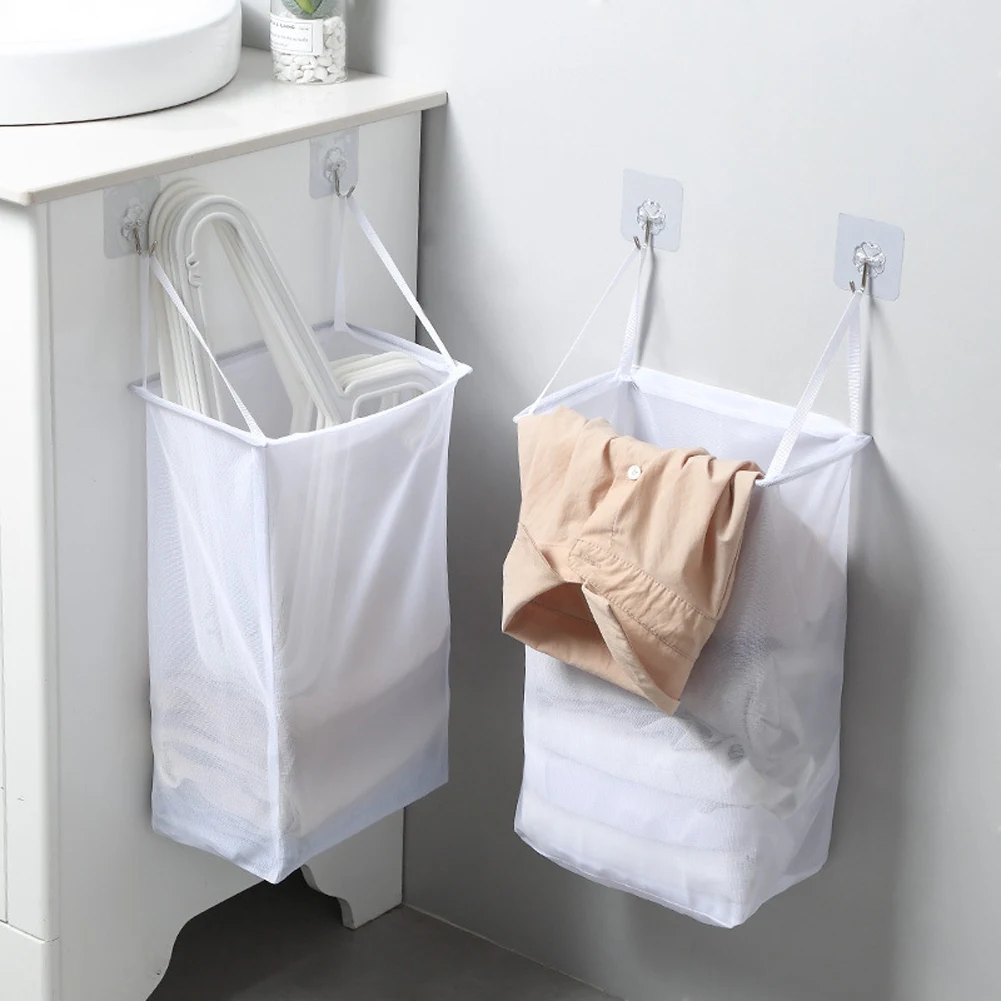 Laundry Basket Hamper Multifunctional Punch Free Home Wall Hanging Storage Washing Clothes Foldable Adhesive Hook Organizer Mesh