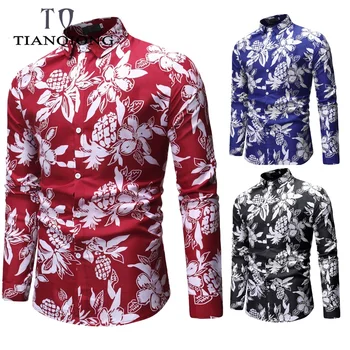 

2019 Men Spring Wear New Men's Cotton Slim European Style Long Sleeve Printed Flower Shirt Men's Camisa Slim Fit ECasual Shirt