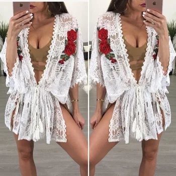 

Floral Embroidery Beach Cover Up 2017 Women Cover ups Lace Swimwear Sarong Beach Dress tunics for beach saida de praia feminino