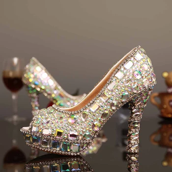 

Luxury 2018 New Style Glitter Crystal Peep Toe Bridal Wedding Dress Shoes AB Crystal High Heels Woman Shoes Lady's Party Proms