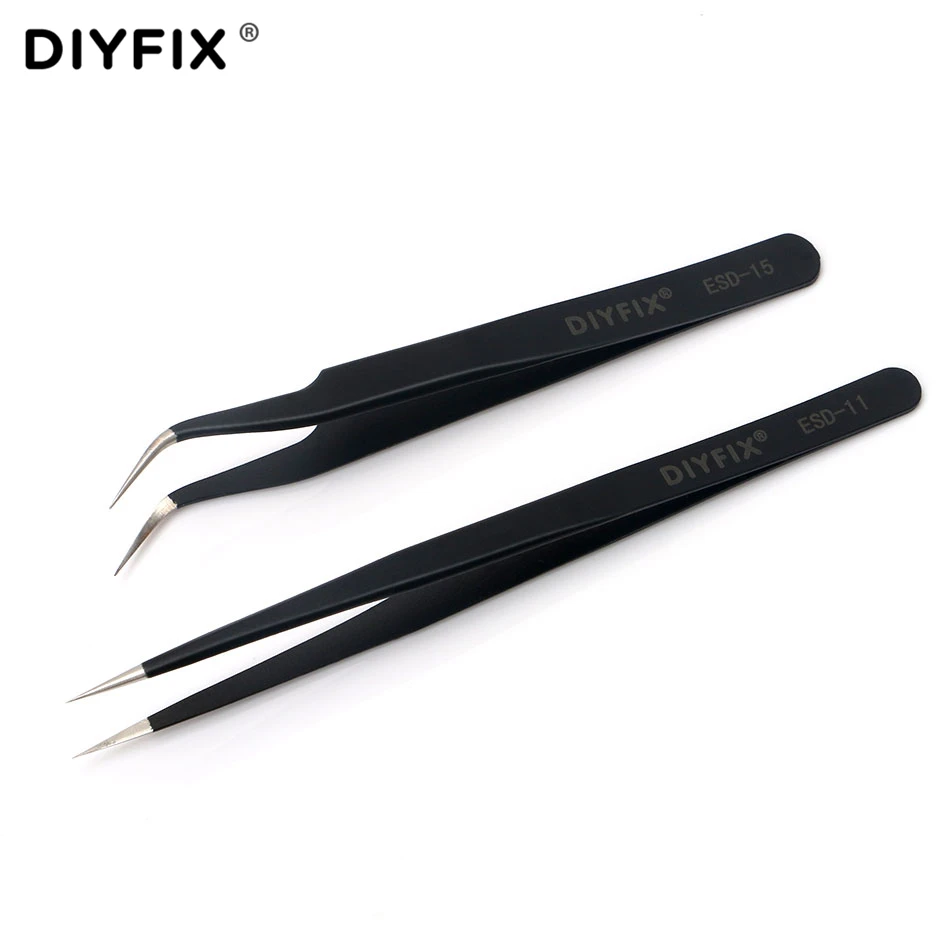DIYFIX ESD 11 + ESD 15 Tweezers Set Stainless Steel Anti static