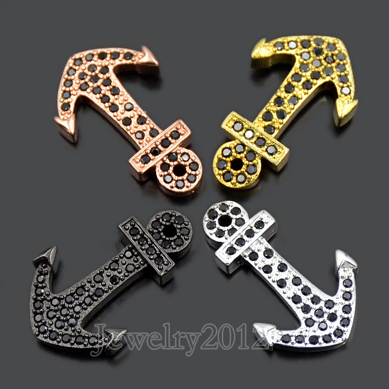 

10PCS/Lot Black Zircon Anchor Micro Pave Gem Stone Bracelet Connector Charm Beads 17x28mm Gold Silver Rose Gold Wholesale Lot