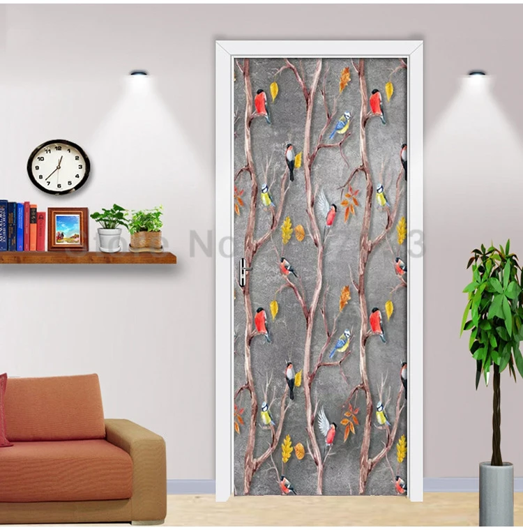 Креативные DIY 3D настенные двери наклейки акварель мультфильм цветы обои с изображением птиц гостиная ПВХ водостойкий самоклеящийся дверной Декор