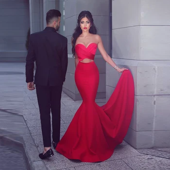 

Vintage Red Mermaid Prom Dresses New Design Sweetheart Backless Pleat Satin Elegant Evening Dress Custom Made Cheap Formal Wear