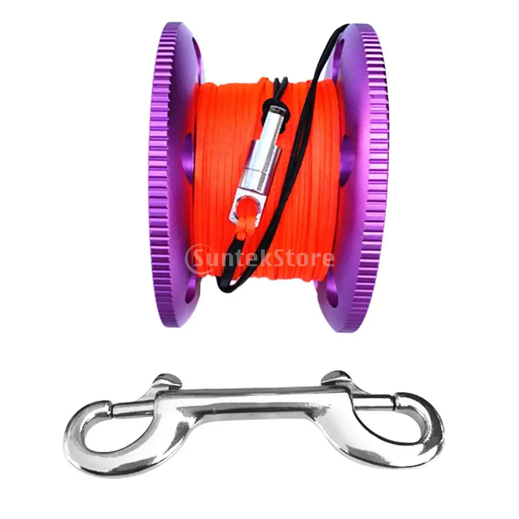 Scuba Diving Aluminum Alloy Finger Spool Guide Line Reel + 30m High Visibility Line & 10cm Stainless Steel Double End Bolt Snap