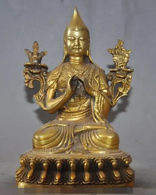 

S06754 Tibetan Buddhism Bronze gilt Seat Lotus Je Tsongkhapa Tsong-kha-pa Buddha Statue