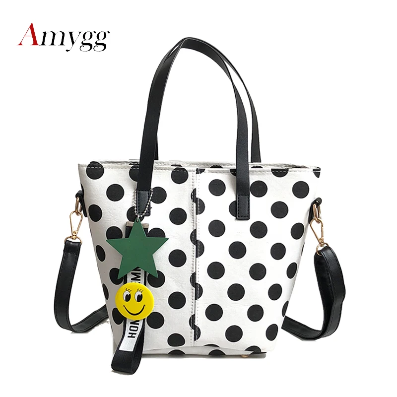 

Dot Canvas Bag Women Handbag Printed Shoulder Bag High Quality Leather Woman Clutch Hand Bag Tote Bag BLack White Bolsa Feminina