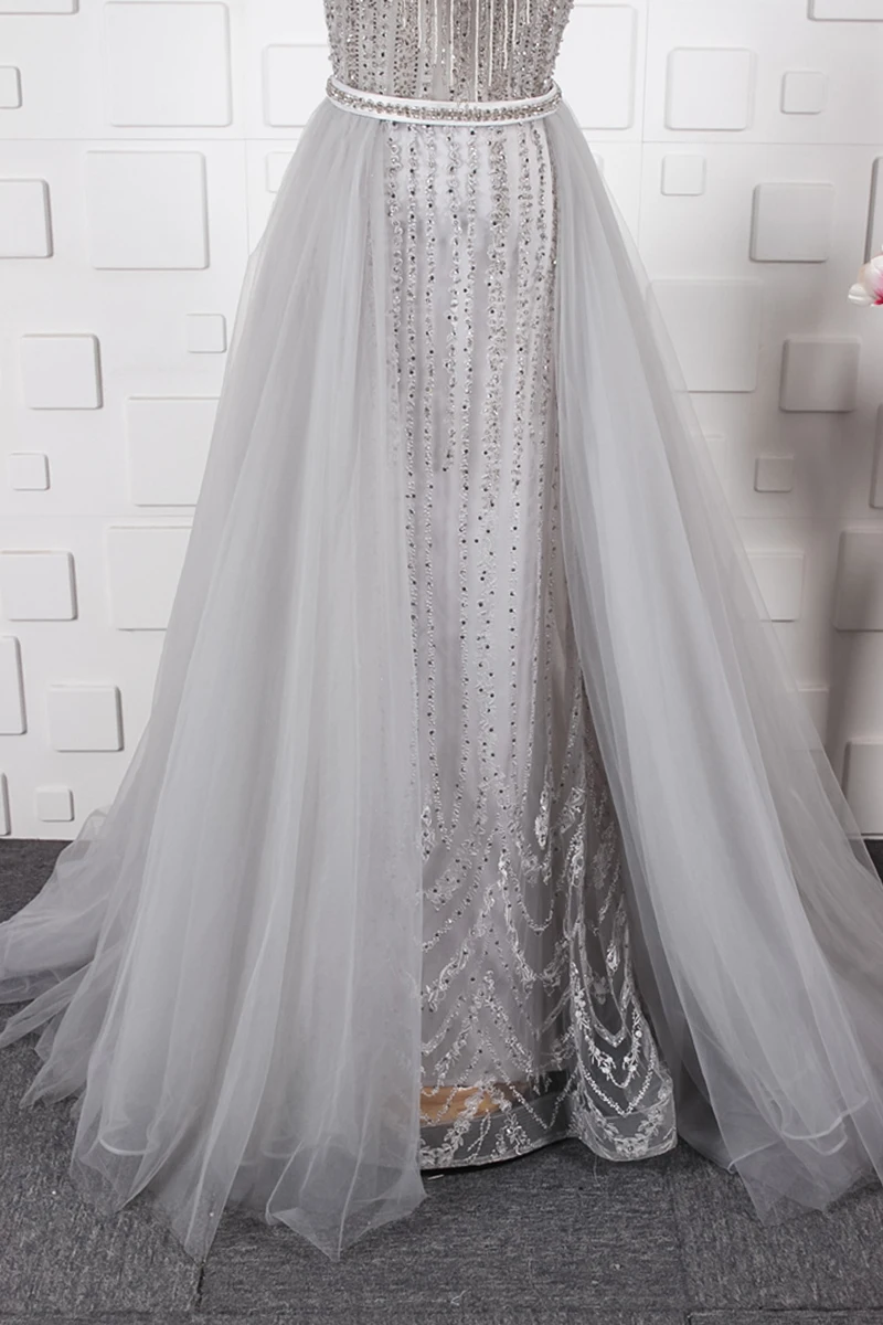 JANCEMBER Grey and Pink Diamond Crystal Luxury Evening Dress Cap Sleeve Fashion With Train Evening Dress Real Photo