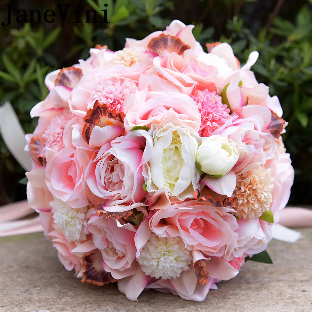 JaneVini романтичный розовый цветок искусственный букет невесты Роза флерс лента ручка Шелковый Кристальный Свадебный букет для невесты 2019