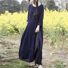 Johnature женское хлопковое льняное платье с О-образным вырезом и длинным рукавом, весна, новое темно-синее винтажное платье размера плюс, женская одежда