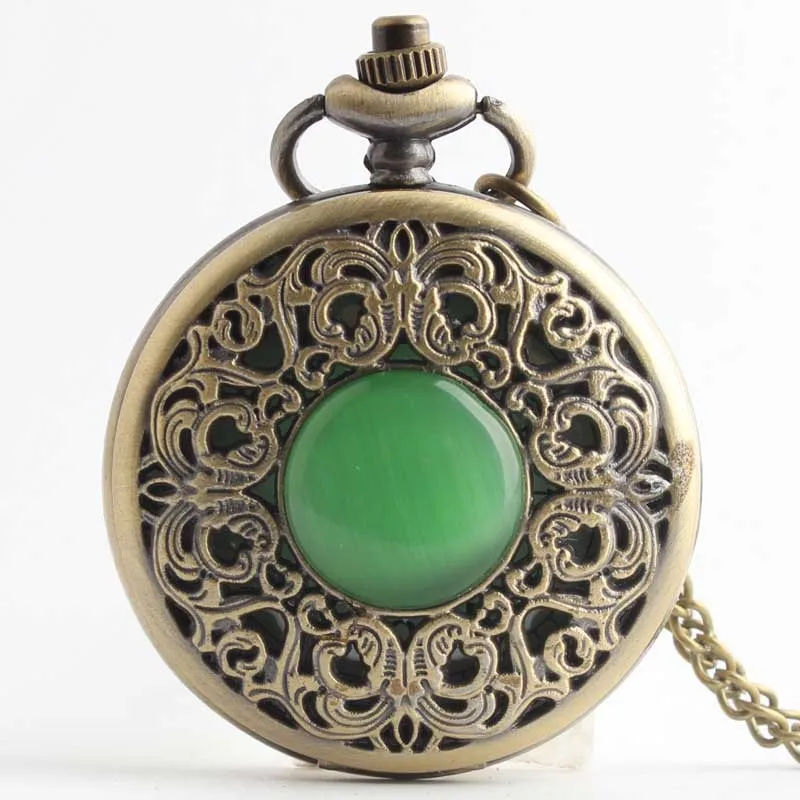 Retro Bronze Green Stone Glass Pocket Watch with Pendant Necklace Chain