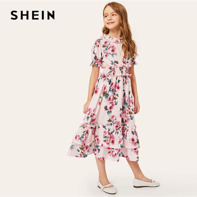 SHEIN/Детское платье розового цвета с цветочным принтом, многослойное платье-рубашка в стиле бохо для девочек, летнее праздничное платье с пышными рукавами и рюшами, милые платья средней длины