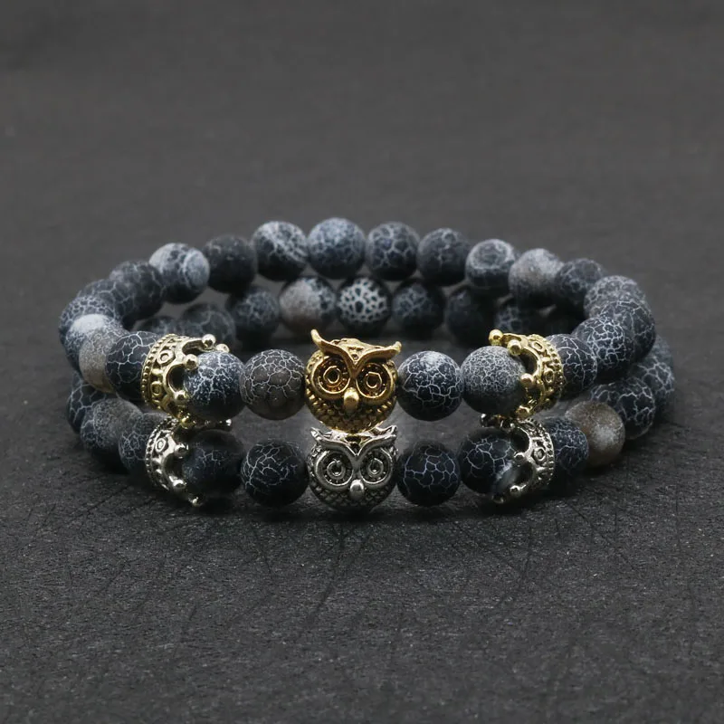 Details about   Men's Fashion Gold Owl Head Bracelets 8MM Black Lava Rock Beads Charm Bracelets