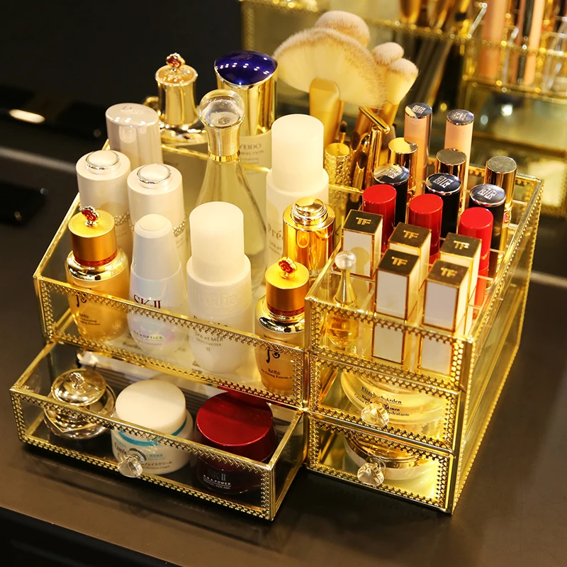 M Makeup storage box glass and metal gold lipstick cosmetic organizer with lid cover B2204in