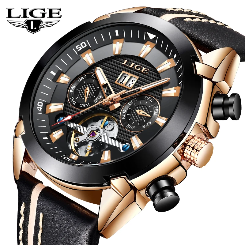 

LIGE Fashion Top Brand Luxury Mens Watches Leather Strap Mechanical Tourbillon Sports Waterproof Watch Men Watch Relogio Masculi
