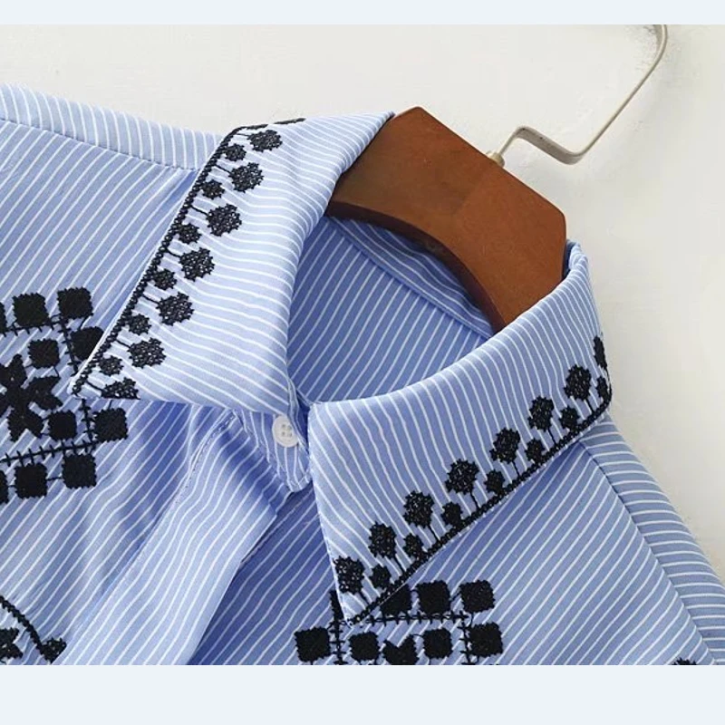 Женская мода Винтаж статус геометрической вышивкой в полоску блузка рубашка Длинные рукава Бизнес Топы femininas blusas ls1551