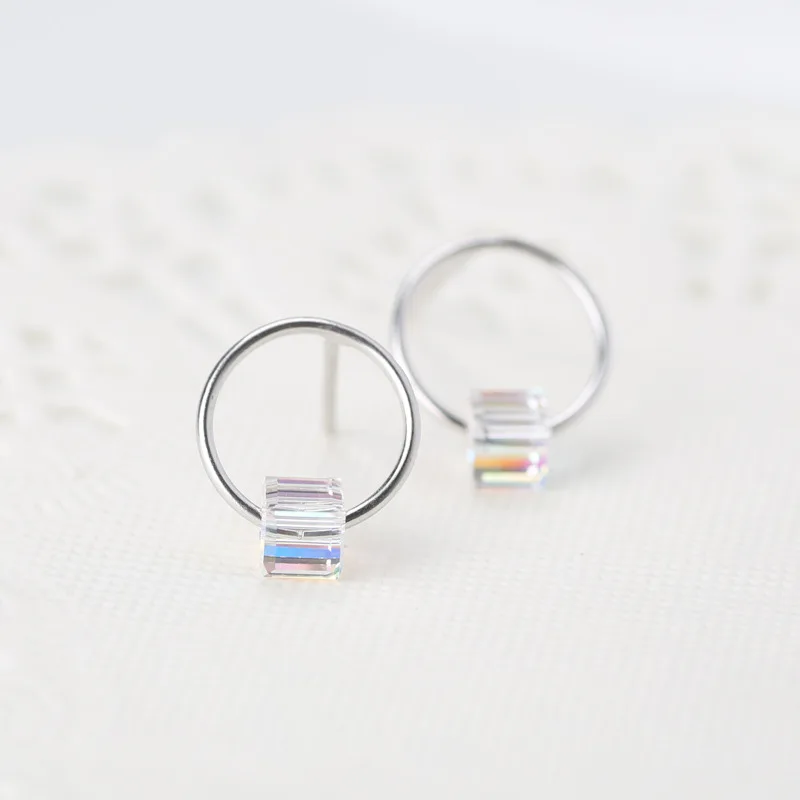 

925 Sterling Silver Quality Goods Ear Studs Crystal Circle Delicate Fashion ZC114
