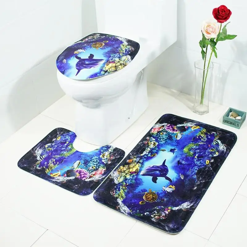 Koop 3 stks Badmatten Oceaan Onderwater Wereld Anti Slip Badkamer Mat Set Coral Fleece Vloer Badmatten Wasbare Badkamer Wc tapijten
