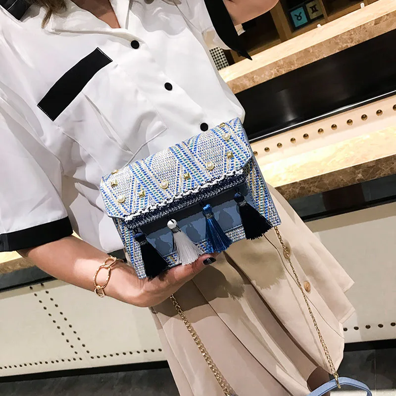Women Fashion Pearl Straw Bags Bohemian Female Summer Tassel Handbag Lady Travel Knit Shoulder Bag Beach Chains Crossbody SS3282 (14)