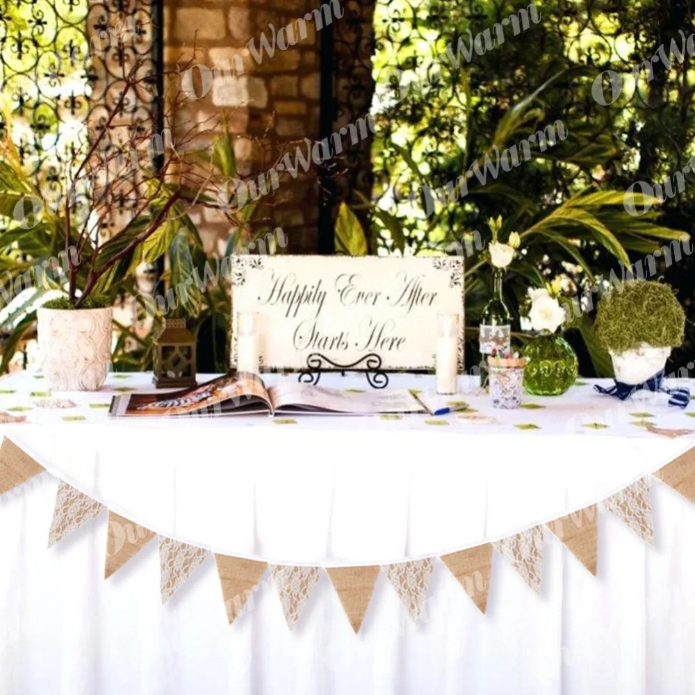 OurWarm 3m Vintage Jute Hessian wedding decoration banner background Natural Burlap Ribbon 13 Flags For Party Supplies