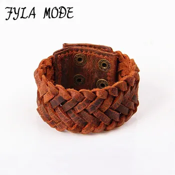 

Fyla Mode New Vintage 23*3.6cm Snap Button Genuine Leather Bracelets Bangles Punk Style Handmade Braided Men Jewelry Bracelet