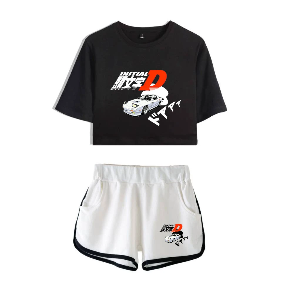 

LUCKYFRIDAYF 2019 New Initial D Tau man chi D Fujiwara Takumi Print Leisure Women Two Pieces Set Shorts+lovely T-shirts Clothes