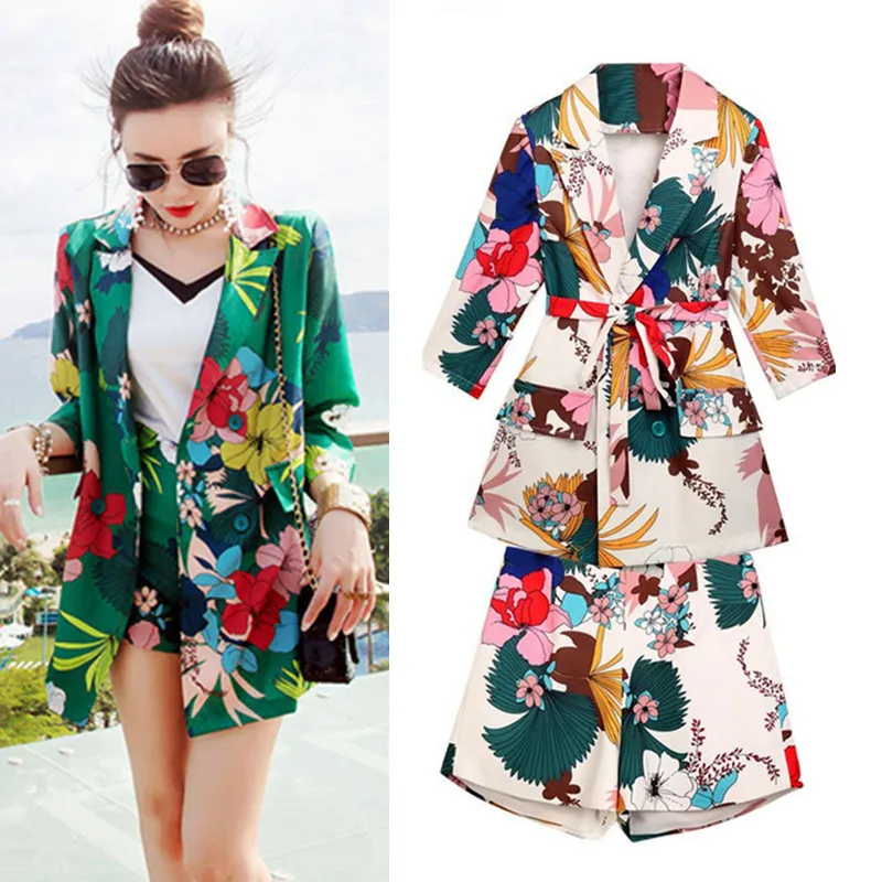 

Summer Spring Women's Summer Casual Pants Sets Vintage Blazers Graceful Blouses+Shorts Pants Plus Size Suits Set NS268