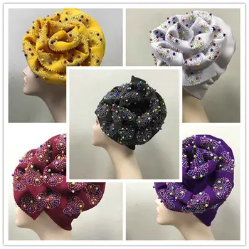 

Aso Oke Gele African Headtie with Stones Already Made Gele Head Wrap Ladies Hat With beads auto headtie aso oke gele-LP30