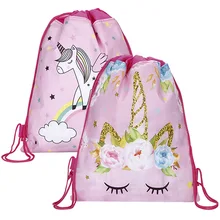 12pcs//lot Unicorn Drawstring bag for Girls Travel Storage Package Cartoon School Backpacks Children Birthday Party Favors