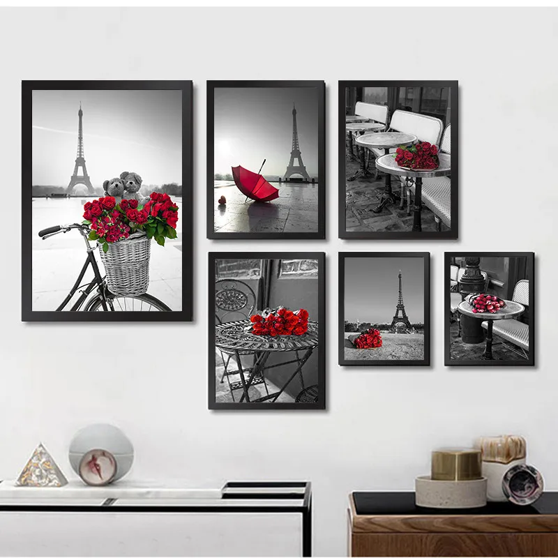 

Modern Black White City Building Art Canvas Painting Prints Tower Red Rose Posters Wall Picture For Living Room Home Decor LB146