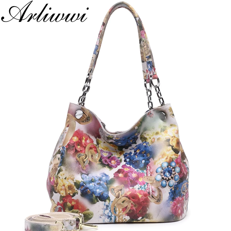 Lidar com Bolsas de Ombro Arliwwi Couro Real Brilhante Colorido Flor Luxo Platina Meia Corrente Feminina Moda Floral Bolsa 100%