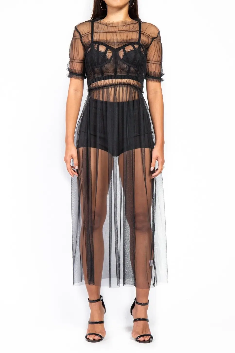 

Women Cover Up Beachwear Gauze Mesh See Through Transparent Dress Short Sleeve Sheer Causal Summer Long Maxi Dress