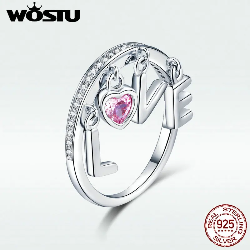 

WOSTU Love Ring 100% Real 925 Sterling Silver Jewelry Pink Love Heart Finger Ring For Women Fashion Jewelry Wedding Gift BKR503