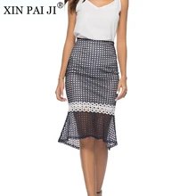 Новые модные сетчатые юбки, кружевная открытая Юбка До Колена с высокой талией, летняя женская юбка-годе