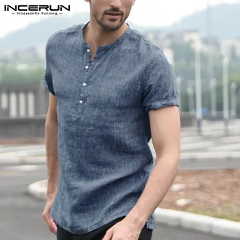 

Fashion Men's Brand Shirt Short Sleeve Button Stand Collar Tops Streetwear 2020 Solid Casual Shirts Men Camisa Masculina INCERUN