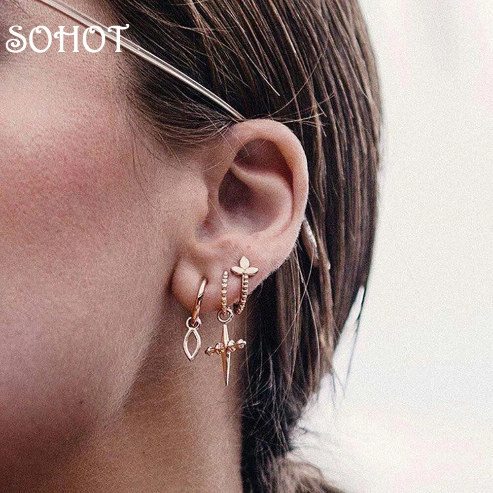 

SOHOT Trendy New Tide Women 3pairs Set Stud Earrings European Brand Gold Color Alloy Cross Pendent Hot Sale Boho Lady Jewelry