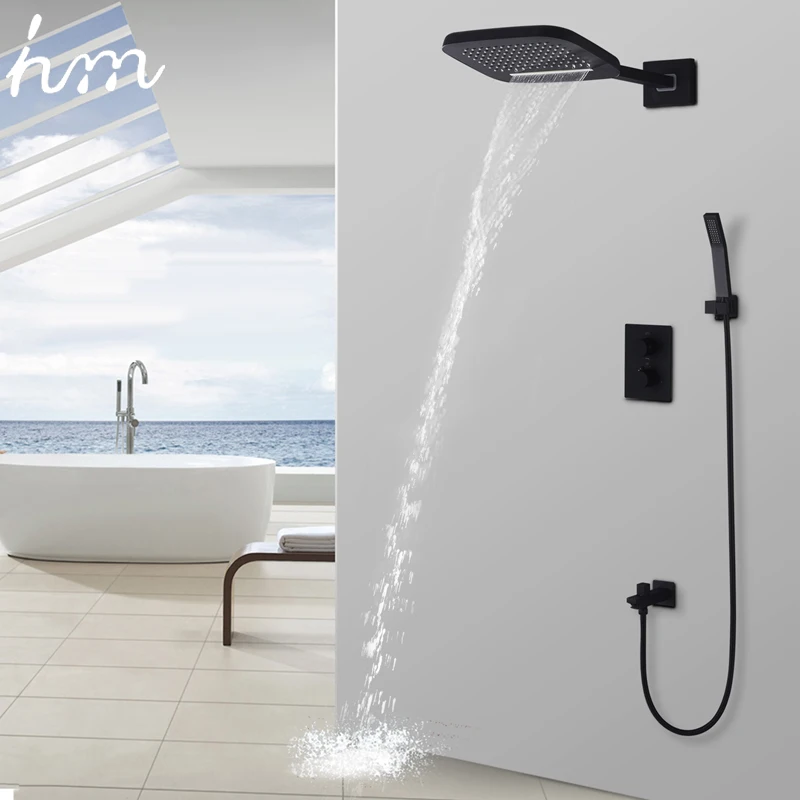 hm Black Shower Термостатический водопад Дождь Насадка для душа и ручной душ из твердой