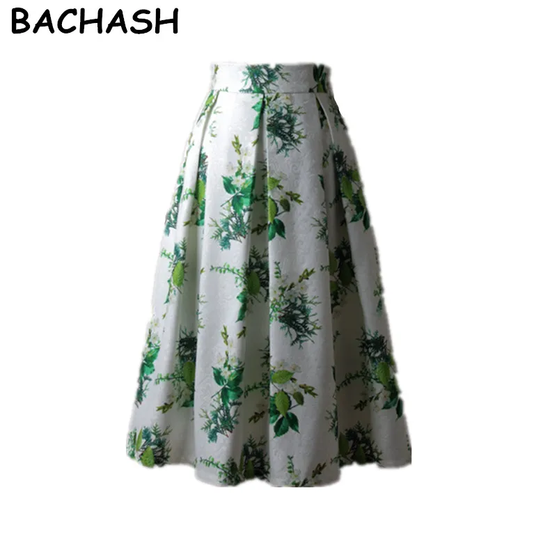 

BACHASH Floral Print Knee-Length Skirt Fashion 2018 Green White Vintage Ball Gown Pleated High Waist Midi Skirts Womens Causal