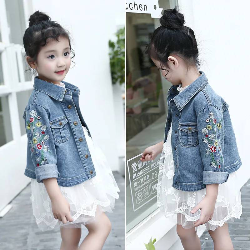 embroidered floral little big girls jacket jeans short blue pockets
