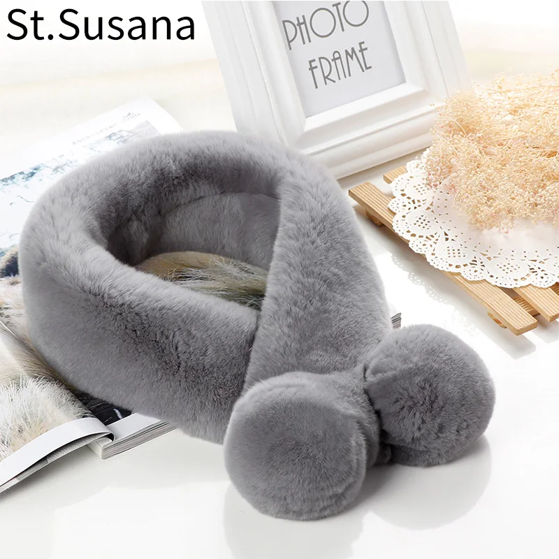 St. Susana шарф из натурального меха для женщин, Зимний вязаный шарф ручной работы из натурального меха кролика Рекс, женские меховые шарфы с одноцветным помпоном Scraf