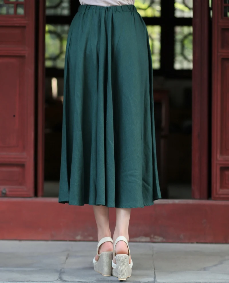 Vintage Elegant Green Cotton Linen Skirt Chinese Women's Long Pleated Skirt Summer New Flared
