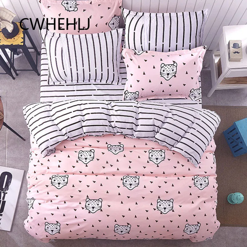 

3pcs/4pcs Pink Leopard Geometric Girls Bedroom Bedding Set Girl Stripe Bedclothes Polyester Sheet Pillowcase Duvet Cover Sets