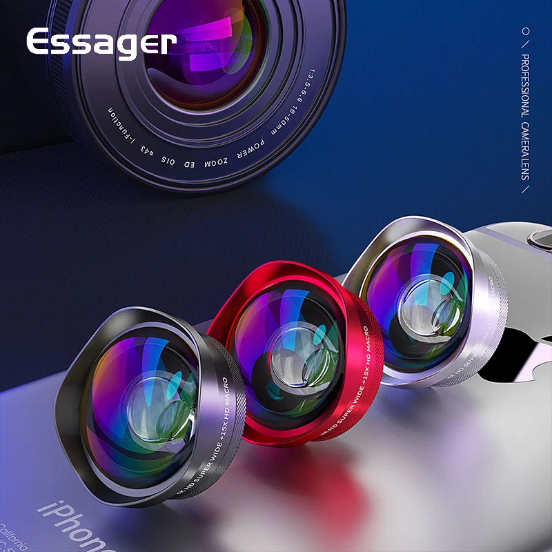 Essager 4K широкоугольный макрообъектив для iPhone Huawei 0.6X + 15X объектив камеры телефона