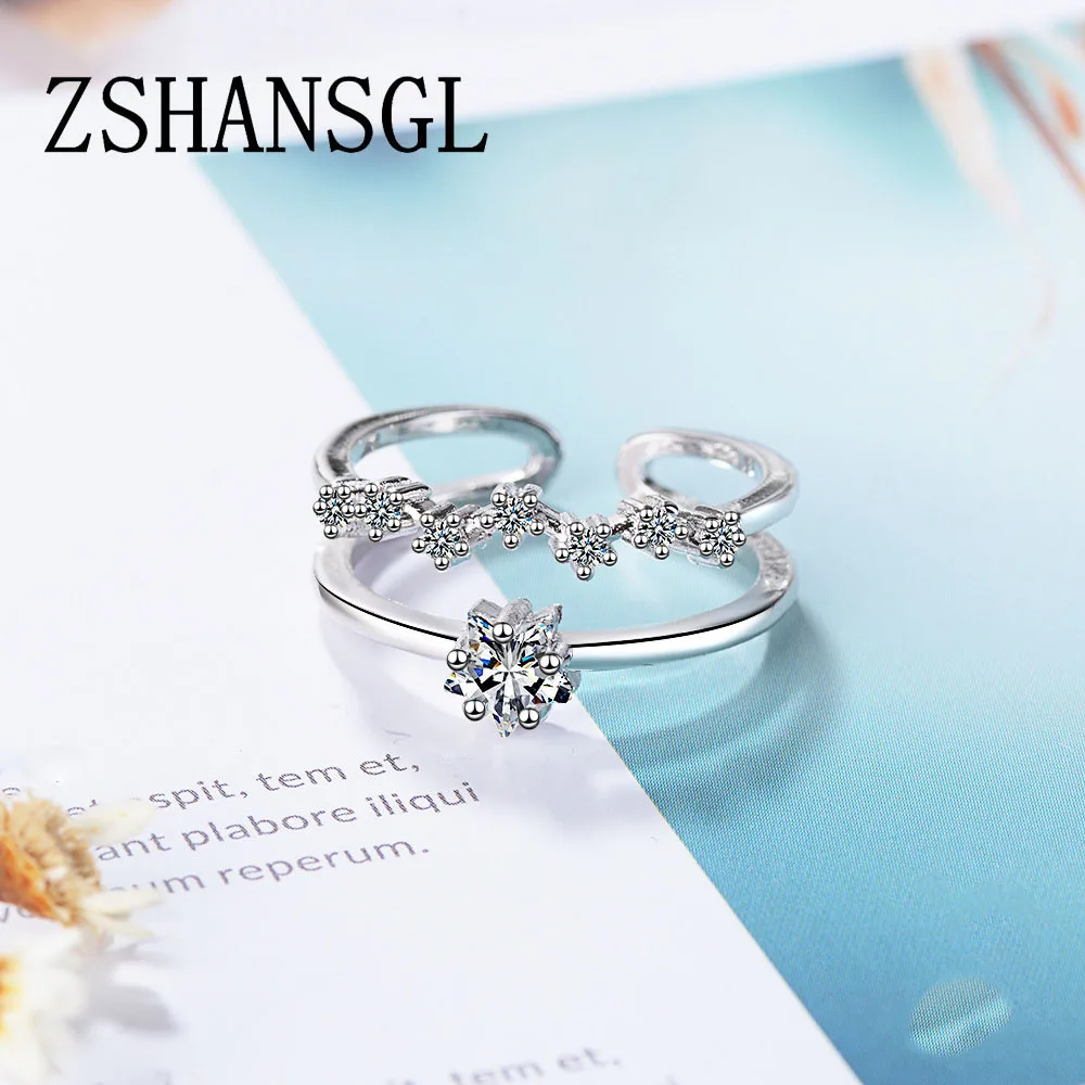 Romatic Sparkling CZ Double Open Rings for Women Jewelry Anniversary Gift 925 Sterling Silver Anel bagues femme Ring Bijoux